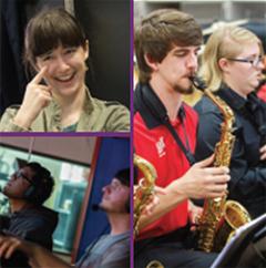 collage image of ASL, sax player, broadcasting students
