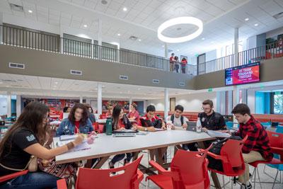 students in the food court of the setzer student center